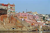 Varanasi , Kedara Ghat with the red and white-striped temple of Kedaresvara lingam